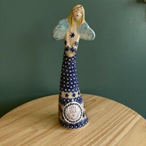 Boleslawiec Polish Ceramic Angel Figurine 10" By Vena With Snowflake & Pinecone